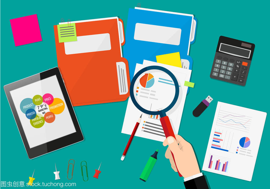 手拿放大鏡,財務報告的分析。金融審計的概念。審計稅務處理。市場營銷組合